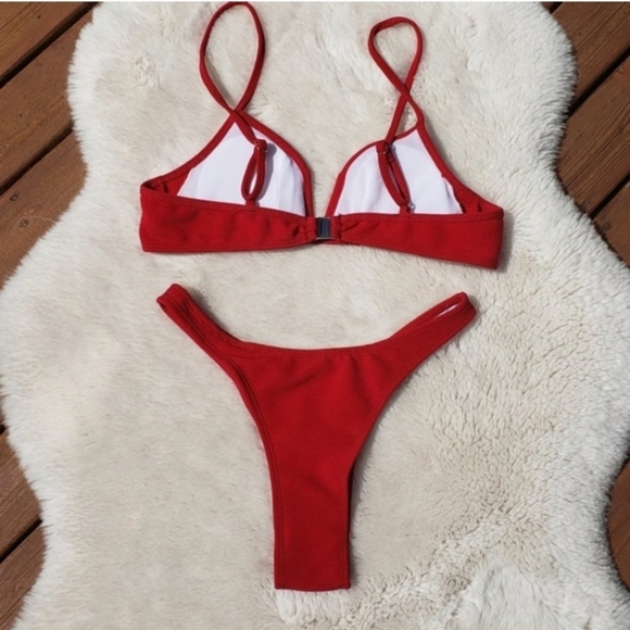 New Red Ribbed V Cut Top with High Cut Legs Bikini Set Size M - Picture 6 of 6